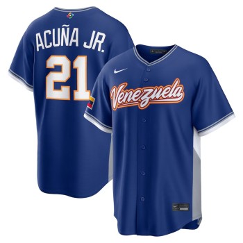 Men's Venezuela Baseball #21 Ronald Acuna Jr. Royal 2026 World Baseball Classic Road Stadium Jersey