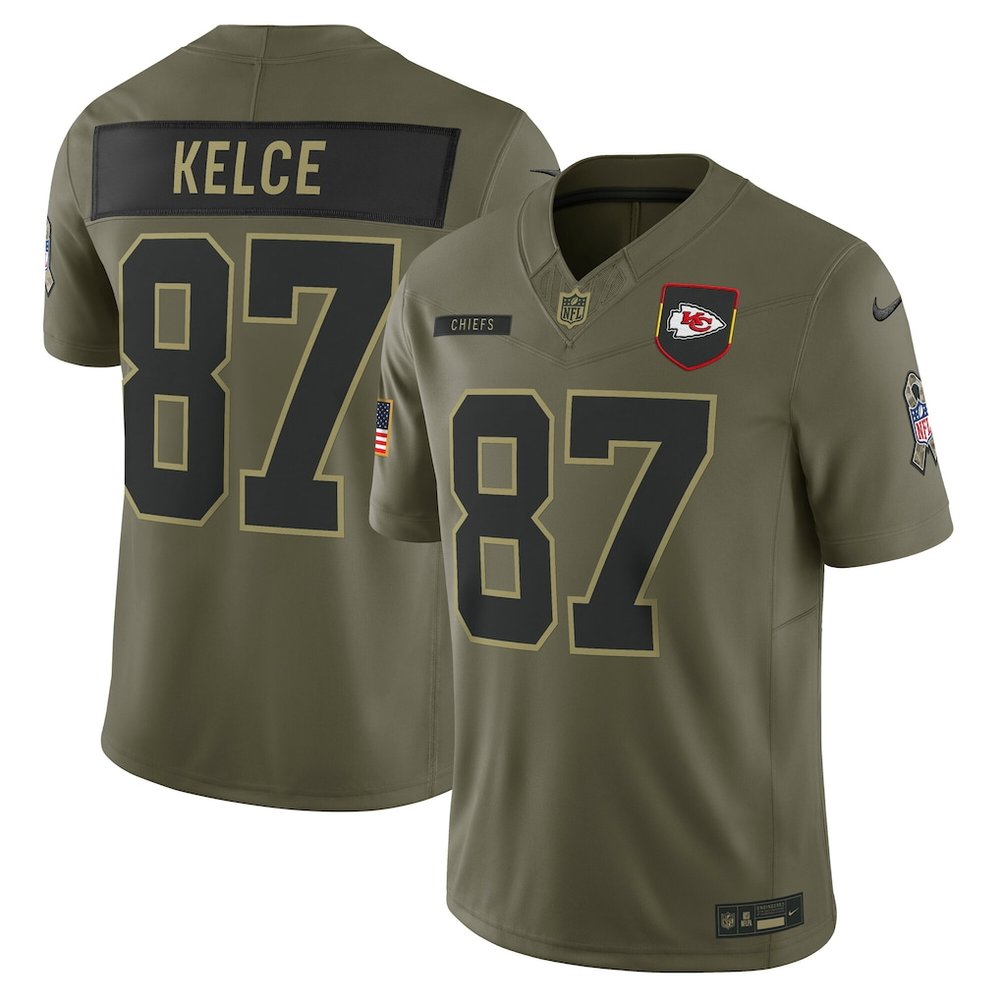 Men's Kansas City Chiefs #87 Travis Kelce Nike Olive 2025 Salute to Service Retired Limited Jersey Men's Kansas City Chiefs #87 Travis Kelce Nike Olive 2025 Salute to Service Retired Limited Jersey