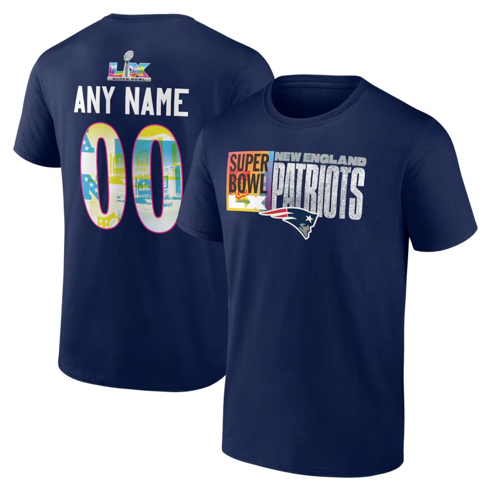 Men's New England Patriots Navy Super Bowl LX Custom Name & Number T-Shirt