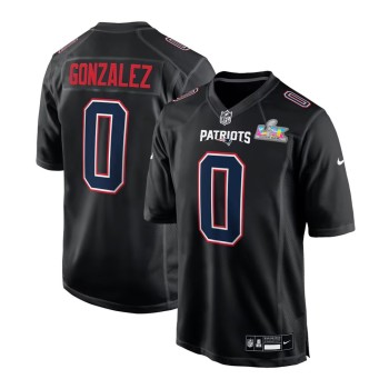 Men's New England Patriots #0 Christian Gonzalez Black Super Bowl LX Patch Carbon Fashion Game Jersey Men's New England Patriots #0 Christian Gonzalez Black Super Bowl LX Patch Carbon Fashion Game Jersey