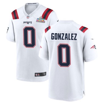 Men's New England Patriots #0 Christian Gonzalez White Super Bowl LX Patch Game Jersey Men's New England Patriots #0 Christian Gonzalez White Super Bowl LX Patch Game Jersey