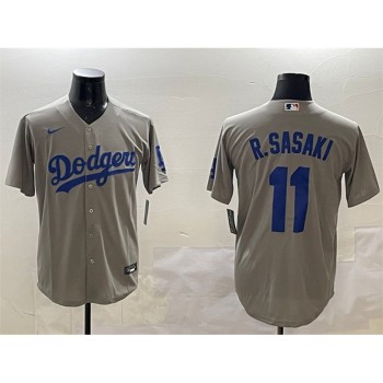 Men's Los Angeles Dodgers #11 Roki Sasaki Grey Cool Base Stitched Baseball Jersey Men's Los Angeles Dodgers #11 Roki Sasaki Grey Cool Base Stitched Baseball Jersey