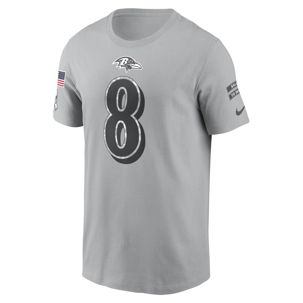 Men's Baltimore Ravens Lamar Jackson Gray 2024 Salute To Service Name & Number T-Shirt Men's Baltimore Ravens Lamar Jackson Gray 2024 Salute To Service Name & Number T-Shirt