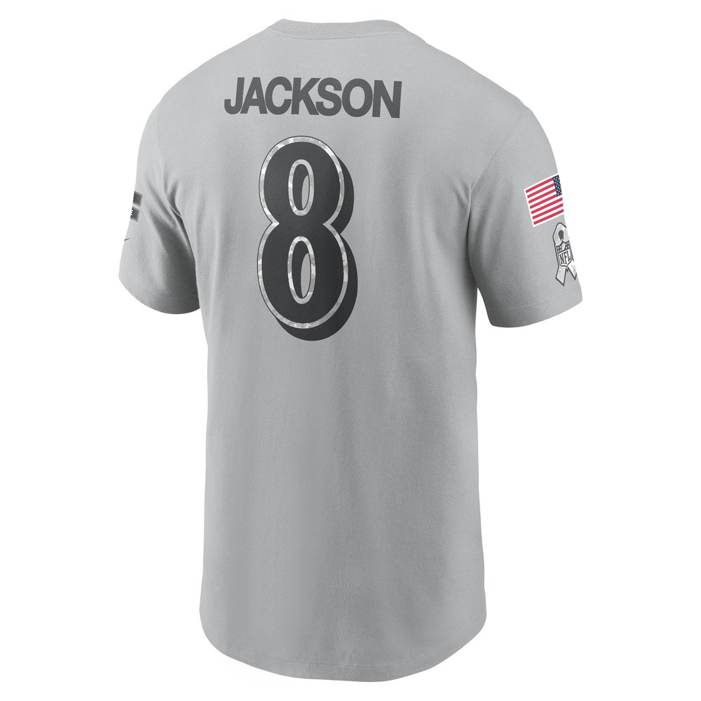 Men's Baltimore Ravens Lamar Jackson Gray 2024 Salute To Service Name & Number T-Shirt Men's Baltimore Ravens Lamar Jackson Gray 2024 Salute To Service Name & Number T-Shirt