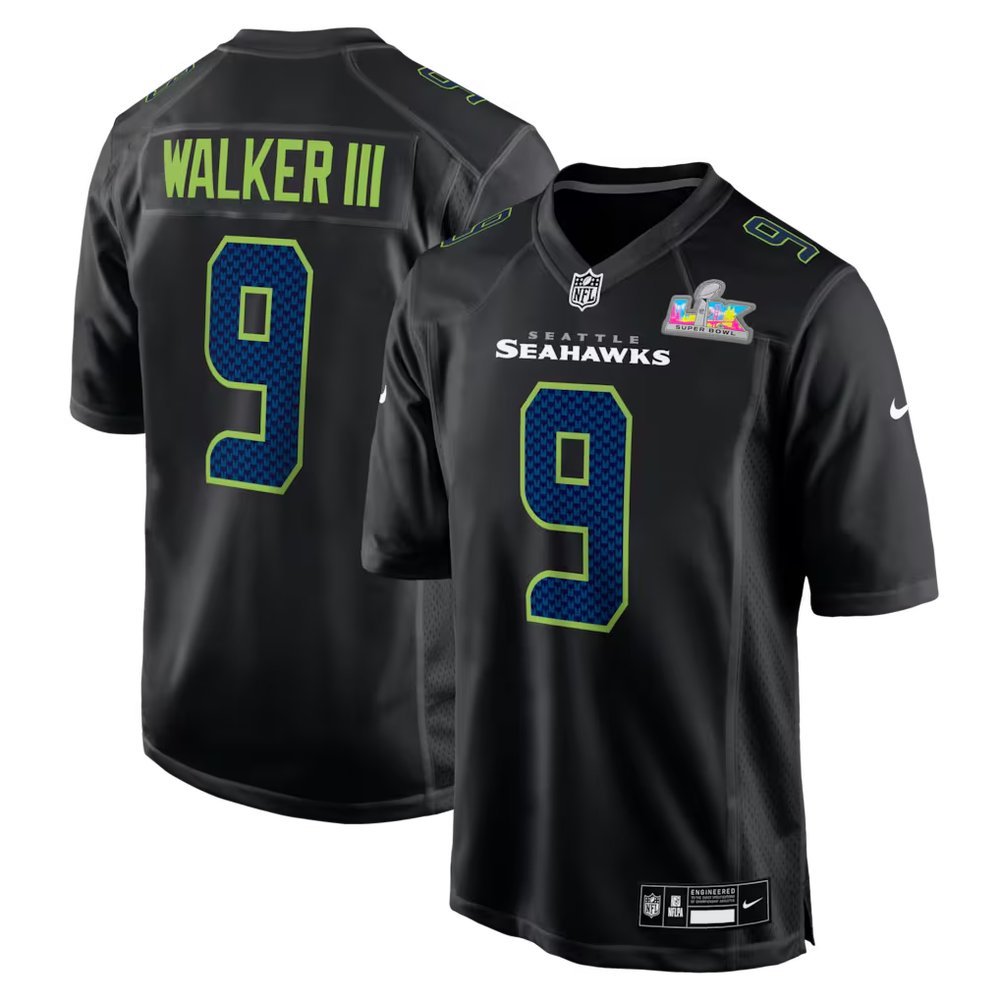 Men's Seattle Seahawks #9 Kenneth Walker III Black Super Bowl LX Patch Carbon Fashion Game Jersey