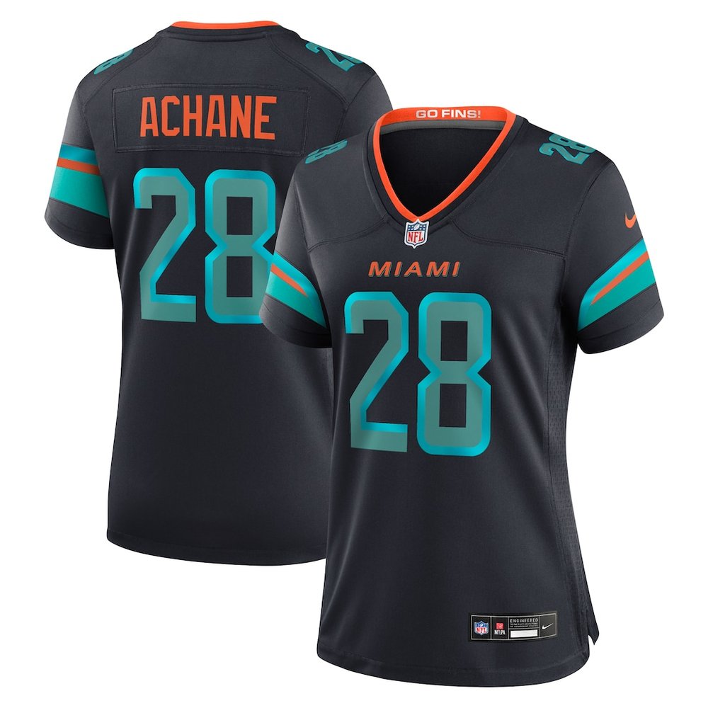 Women's Miami Dolphins #28 De'Von Achane Black Rivalries Collection Game Jersey