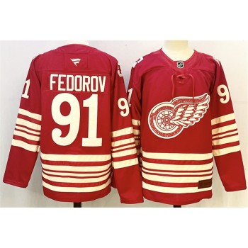 Youth Detroit Red Wings #91 Sergei Fedorov Red 2025-26 Centennial Premium Stitched Hockey Jersey