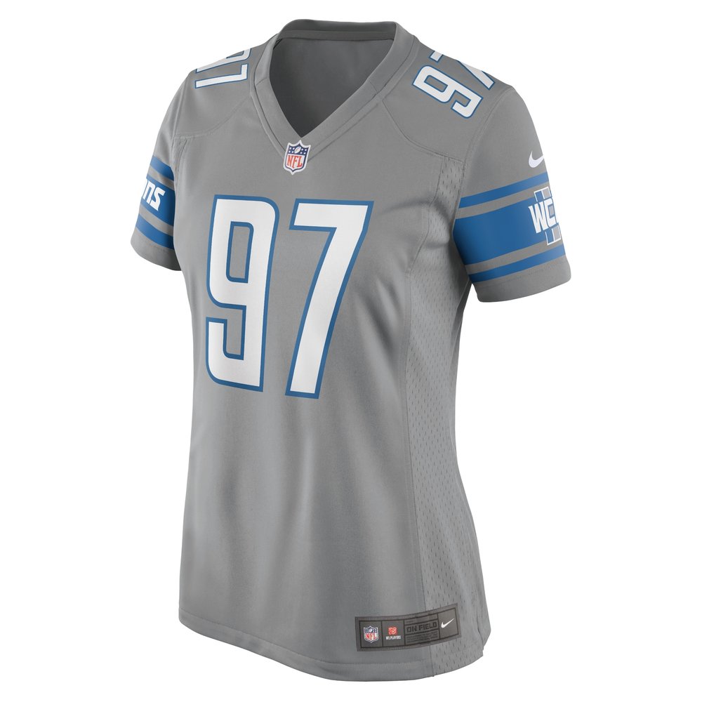 Women's Detroit Lions #97 Aidan Hutchinson Silver Game Jersey Women's Detroit Lions #97 Aidan Hutchinson Silver Game Jersey