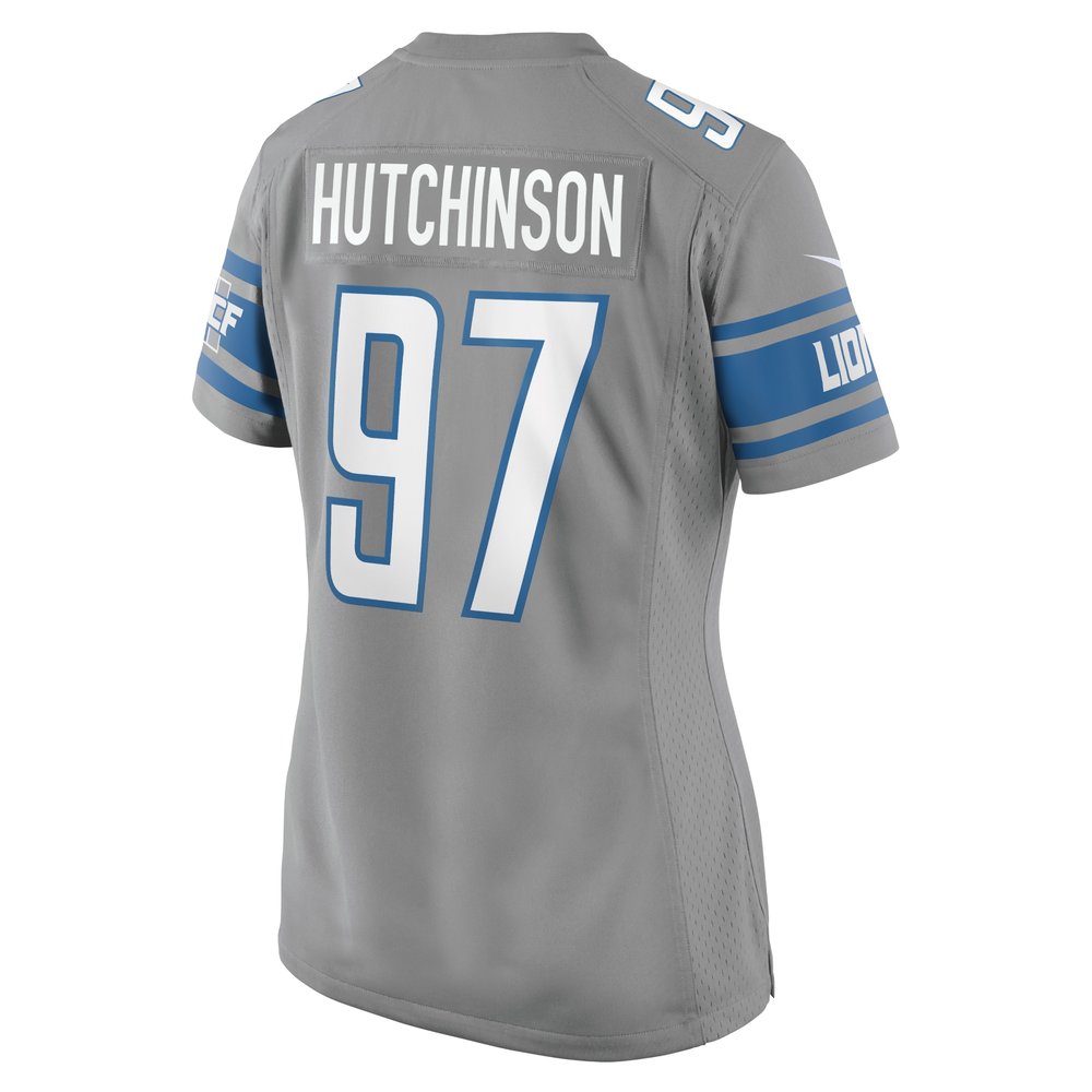 Women's Detroit Lions #97 Aidan Hutchinson Silver Game Jersey Women's Detroit Lions #97 Aidan Hutchinson Silver Game Jersey