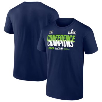 Men's Seattle Seahawks College Navy 2025 NFC Champions Right Side Draw T-Shirt Men's Seattle Seahawks College Navy 2025 NFC Champions Right Side Draw T-Shirt