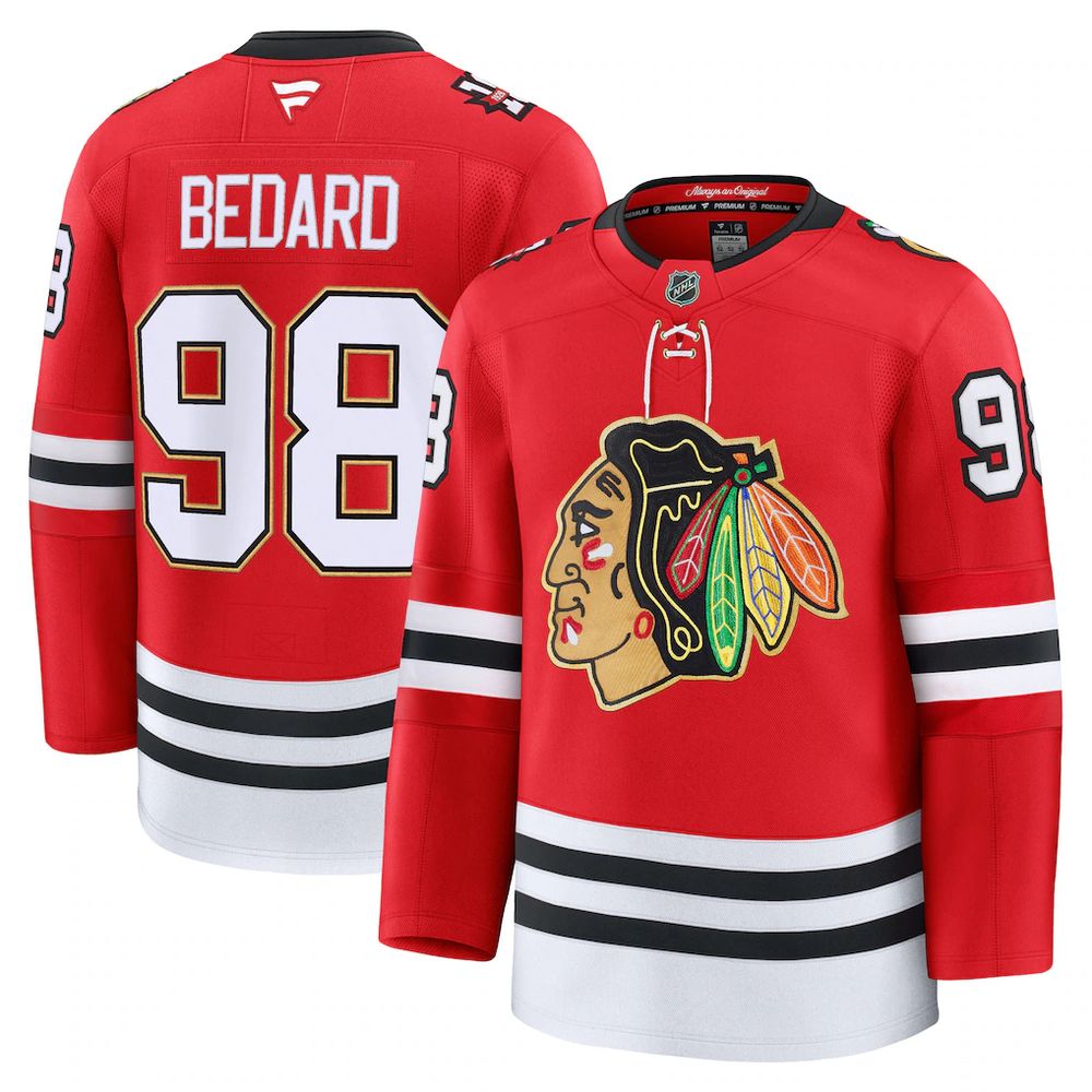 Men's Chicago Blackhawks #98 Connor Bedard Red Centennial Premium Player Jersey Men's Chicago Blackhawks #98 Connor Bedard Red Centennial Premium Player Jersey