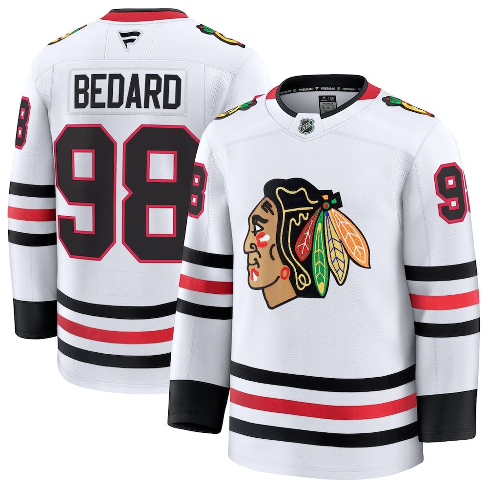 Men's Chicago Blackhawks #98 Connor Bedard White Away Premium Jersey Men's Chicago Blackhawks #98 Connor Bedard White Away Premium Jersey