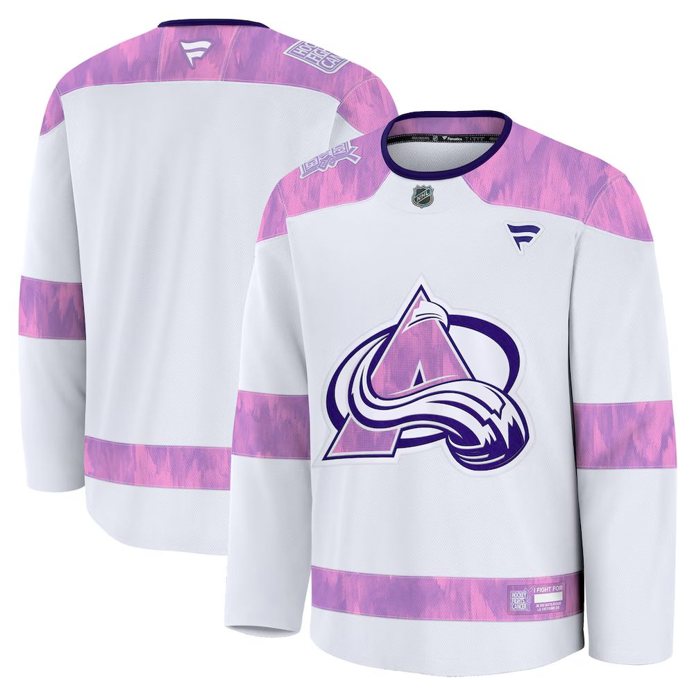 Men's Colorado Avalanche White 2024 Hockey Fights Cancer Practice Jersey