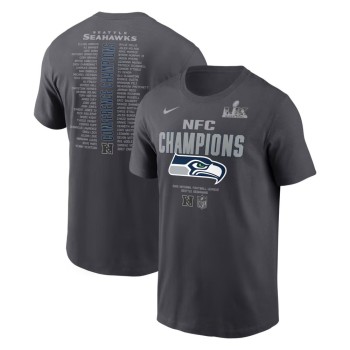 Men's Seattle Seahawks Nike Anthracite 2025 NFC Champions Roster T-Shirt Men's Seattle Seahawks Nike Anthracite 2025 NFC Champions Roster T-Shirt
