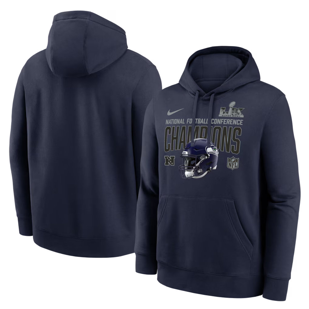 Men's Seattle Seahawks Nike College Navy 2025 NFC Champions Glory Shield Hoodie Men's Seattle Seahawks Nike College Navy 2025 NFC Champions Glory Shield Hoodie