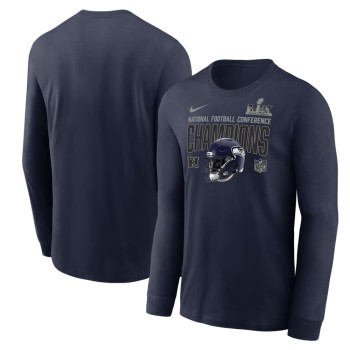 Men's Seattle Seahawks Nike College Navy 2025 NFC Champions Glory Shield Long Sleeve T-Shirt Men's Seattle Seahawks Nike College Navy 2025 NFC Champions Glory Shield Long Sleeve T-Shirt