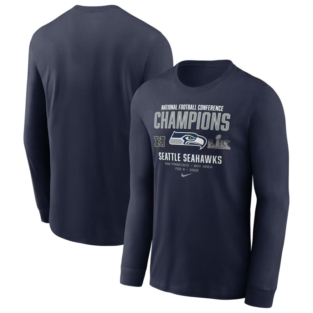Men's Seattle Seahawks Nike College Navy 2025 NFC Champions Team Nation Long Sleeve T-Shirt