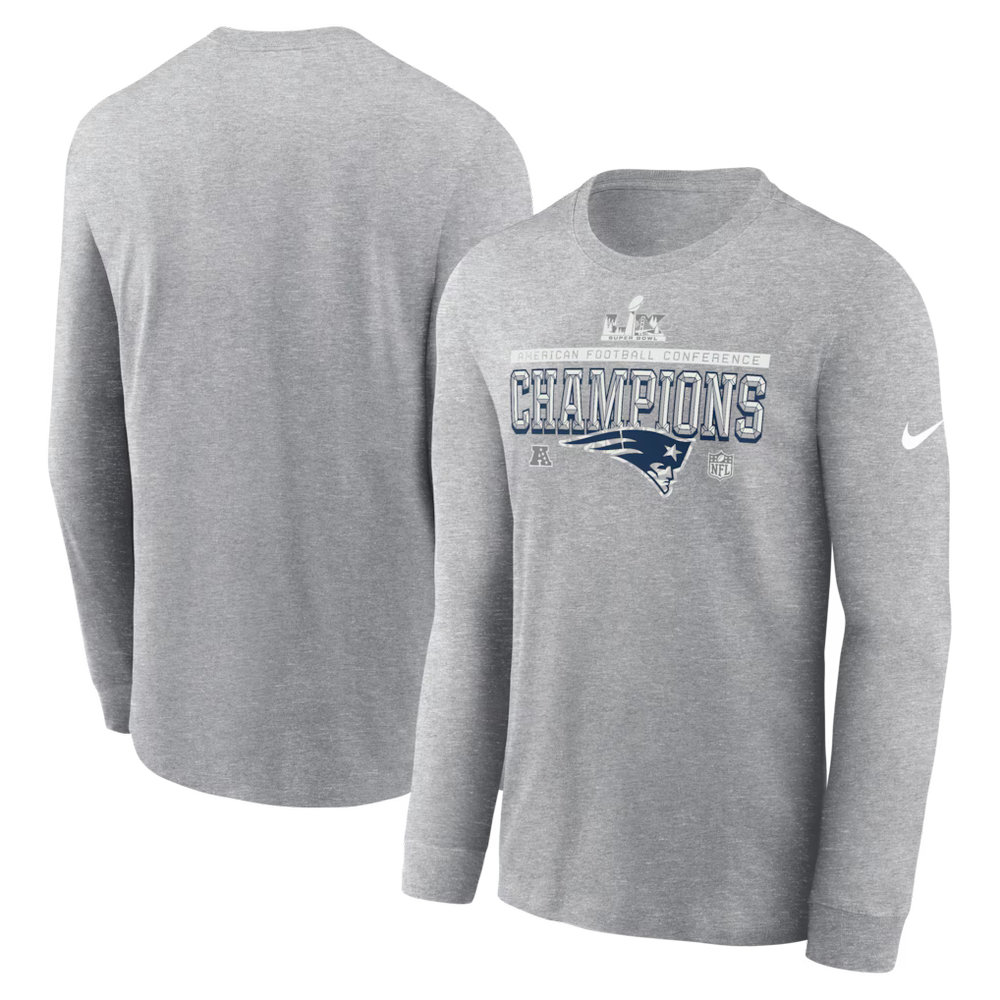 Men's New England Patriots Nike Heather Gray 2025 AFC Champions Locker Room Trophy Collection Long Sleeve T-Shirt Men's New England Patriots Nike Heather Gray 2025 AFC Champions Locker Room Trophy Collection Long Sleeve T-Shirt