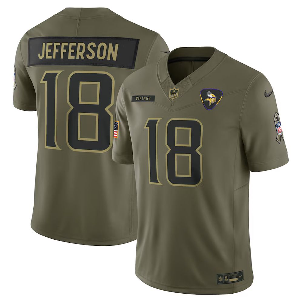 Men's Minnesota Vikings #18 Justin Jefferson Nike Olive 2025 Salute to Service Limited Jersey