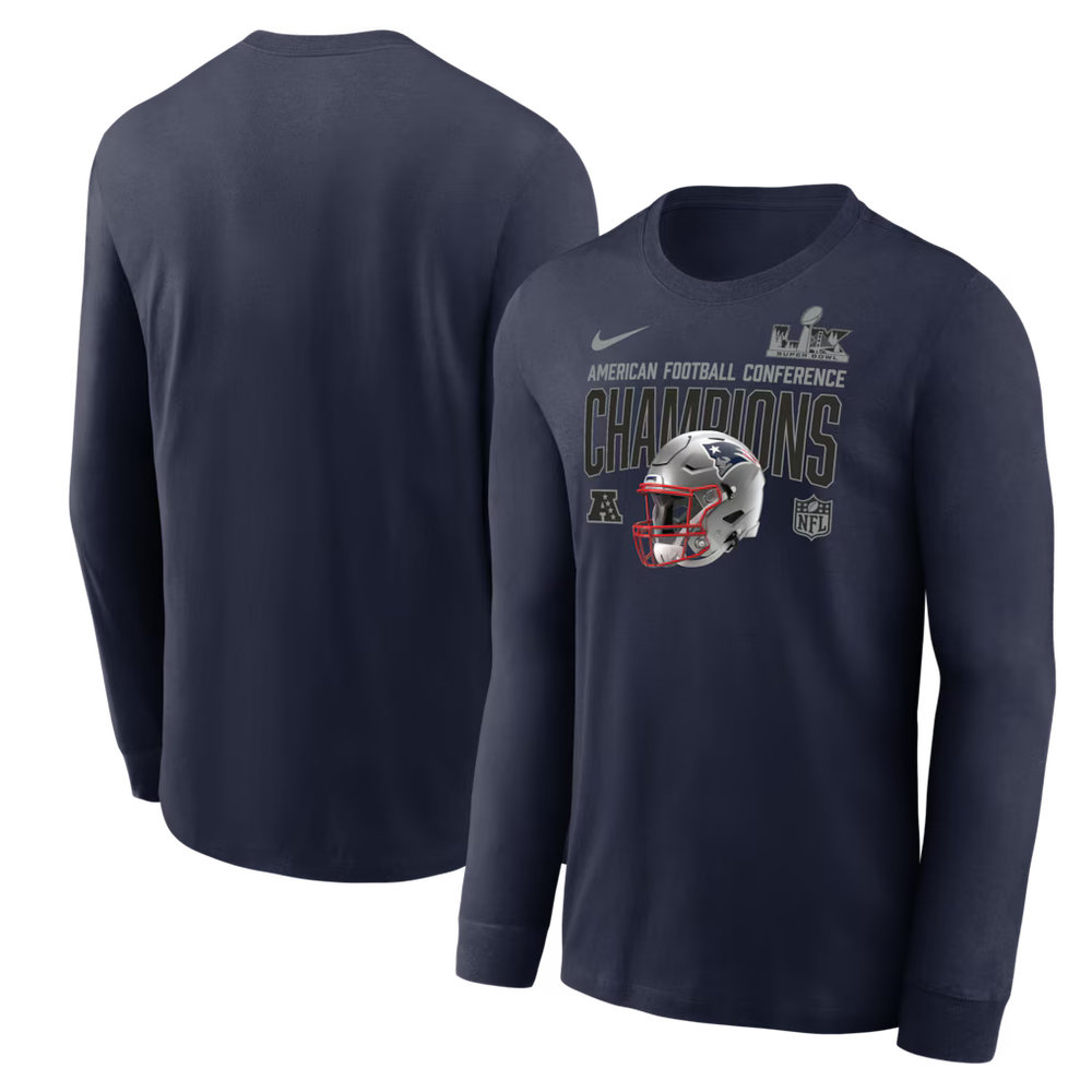 Men's New England Patriots Nike Navy 2025 AFC Champions Glory Shield Long Sleeve T-Shirt Men's New England Patriots Nike Navy 2025 AFC Champions Glory Shield Long Sleeve T-Shirt
