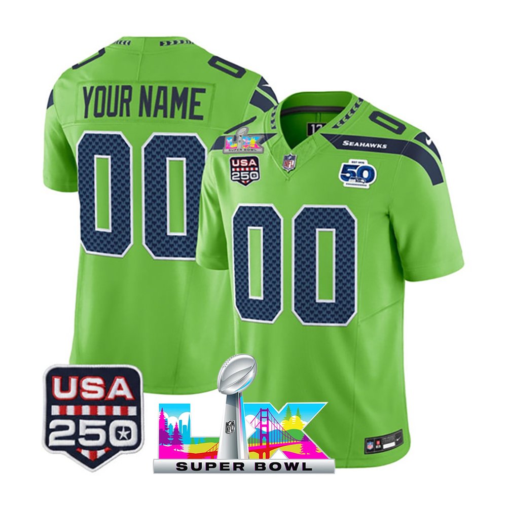 Youth Seattle Seahawks Custom Green Super Bowl LX Patch 50th Season & USA 250' Patch Vapor F.U.S.E. Limited Jersey