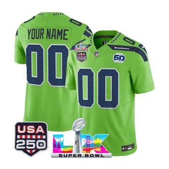 Men's Seattle Seahawks Custom Green Super Bowl LX Patch 50th Season & USA 250' Patch Vapor F.U.S.E. Limited Jersey Men's Seattle Seahawks Custom Green Super Bowl LX Patch 50th Season & USA 250' Patch Vapor F.U.S.E. Limited Jersey