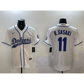 Men's Los Angeles Dodgers #11 Roki Sasaki White With Patch Cool Base Stitched Baseball Jersey Men's Los Angeles Dodgers #11 Roki Sasaki White With Patch Cool Base Stitched Baseball Jersey