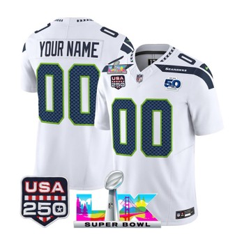 Men's Seattle Seahawks Custom White Super Bowl LX Patch 50th Season & USA 250' Patch Vapor F.U.S.E. Limited Jersey Men's Seattle Seahawks Custom White Super Bowl LX Patch 50th Season & USA 250' Patch Vapor F.U.S.E. Limited Jersey