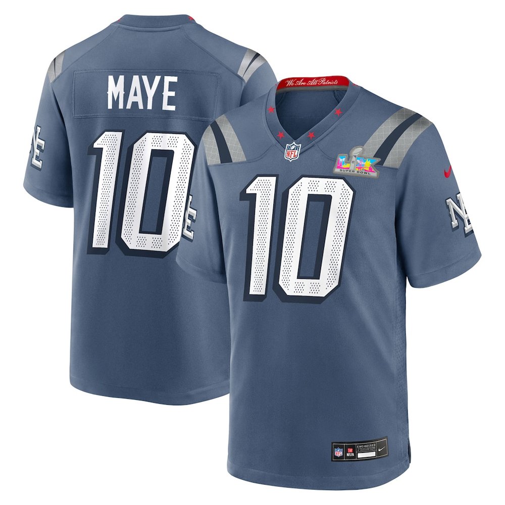 Men's New England Patriots #10 Drake Maye Blue Super Bowl LX Patch Rivalries Collection Game Jersey Men's New England Patriots #10 Drake Maye Blue Super Bowl LX Patch Rivalries Collection Game Jersey