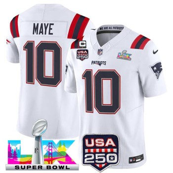 Men's New England Patriots #10 Drake Maye White Super Bowl LX Patch USA 250' Patch Vapor F.U.S.E. Limited Jersey Men's New England Patriots #10 Drake Maye White Super Bowl LX Patch USA 250' Patch Vapor F.U.S.E. Limited Jersey