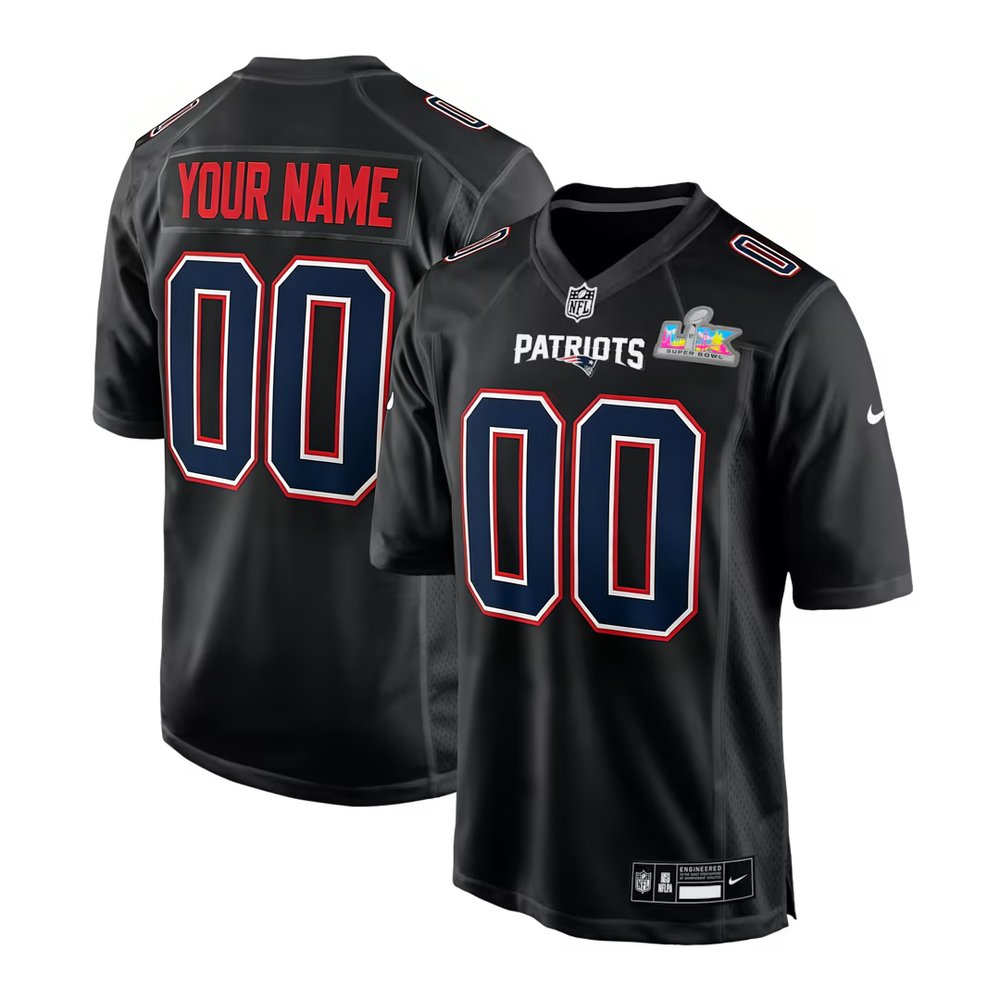 Youth New England Patriots Custom Black Super Bowl LX Patch Carbon Fashion Game Jersey