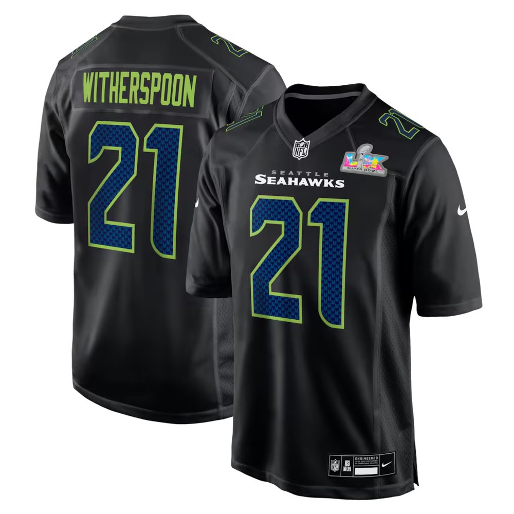 Men's Seattle Seahawks #21 Devon Witherspoon Black Super Bowl LX Patch Carbon Fashion Game Jersey Men's Seattle Seahawks #21 Devon Witherspoon Black Super Bowl LX Patch Carbon Fashion Game Jersey
