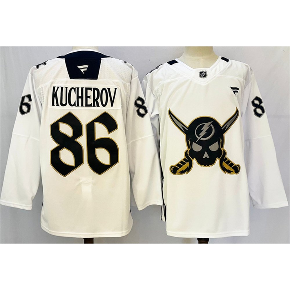 Men's Tampa Bay Lightning #86 Nikita Kucherov 2024-25 White Gasparilla inspired Pirate-themed Warmup Stitched Premium Jersey Men's Tampa Bay Lightning #86 Nikita Kucherov 2024-25 White Gasparilla inspired Pirate-themed Warmup Stitched Premium Jersey