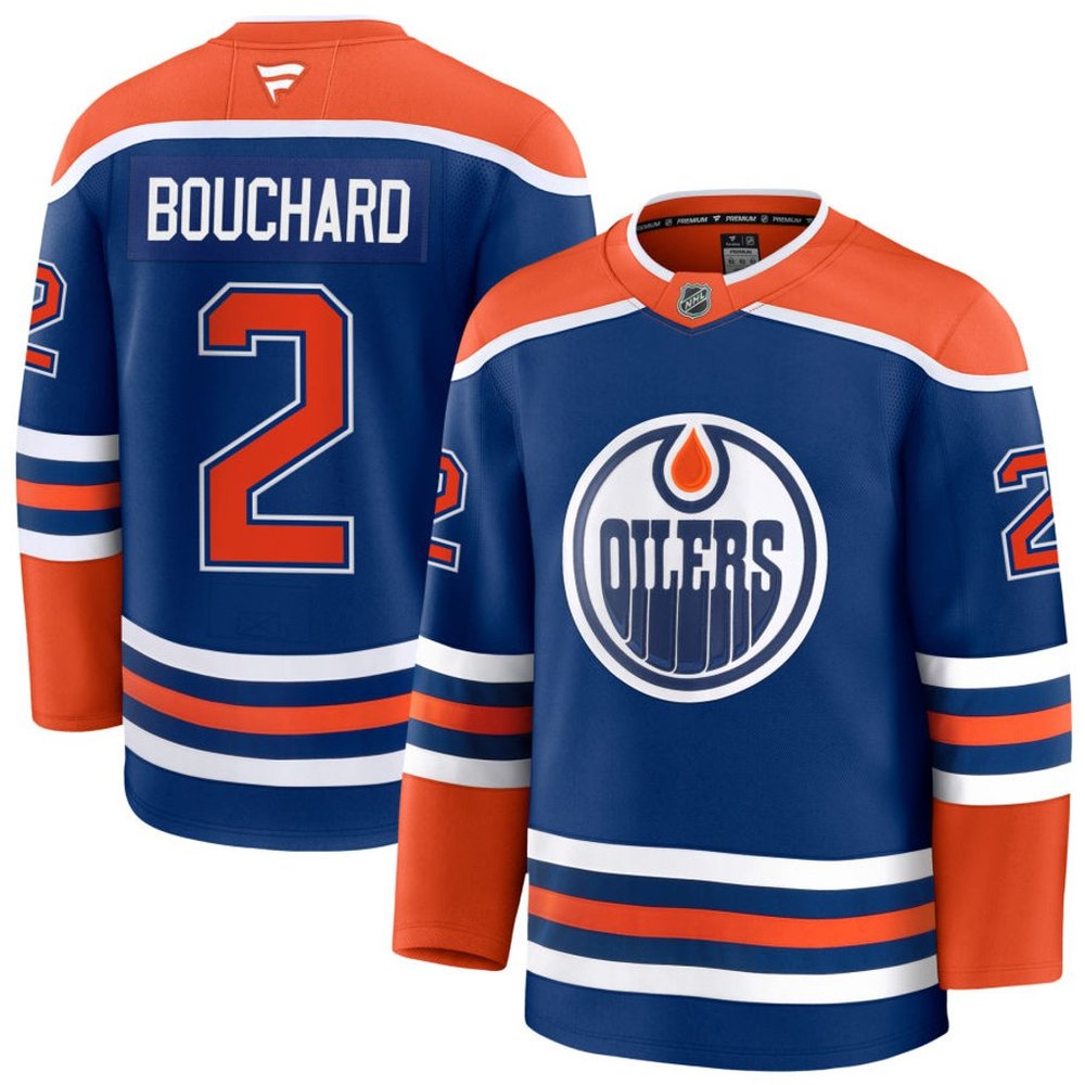 Men's Edmonton Oilers #2 Evan Bouchard Royal Home Premium Jersey Men's Edmonton Oilers #2 Evan Bouchard Royal Home Premium Jersey