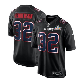Men's New England Patriots #32 TreVeyon Henderson Black Super Bowl LX Patch Carbon Fashion Game Jersey Men's New England Patriots #32 TreVeyon Henderson Black Super Bowl LX Patch Carbon Fashion Game Jersey