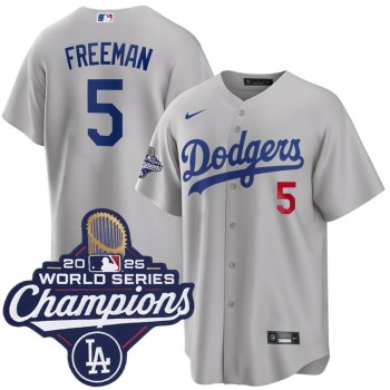 Men's Los Angeles Dodgers #5 Freddie Freeman Gray 2025 World Series Champions Home Limited Jersey