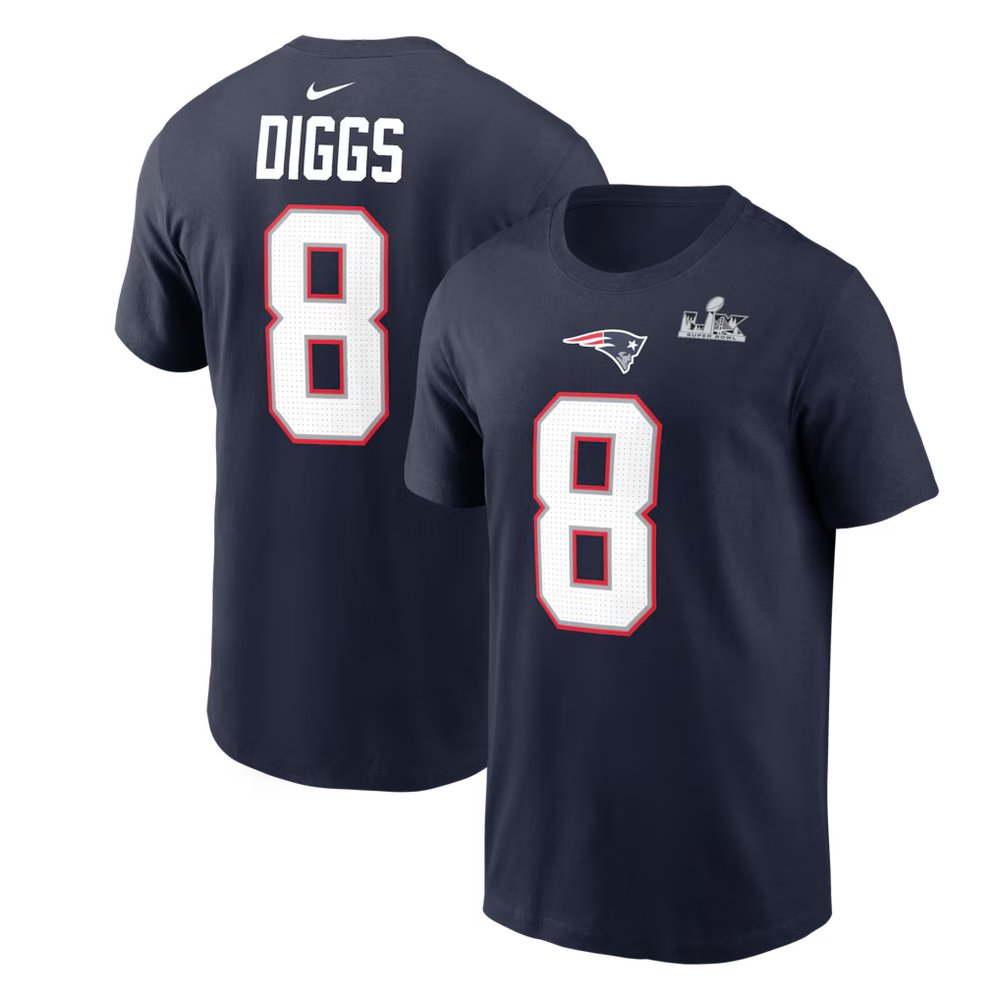 Men's New England Patriots #8 Stefon Diggs Navy Super Bowl LX Patch Name & Number T-Shirt