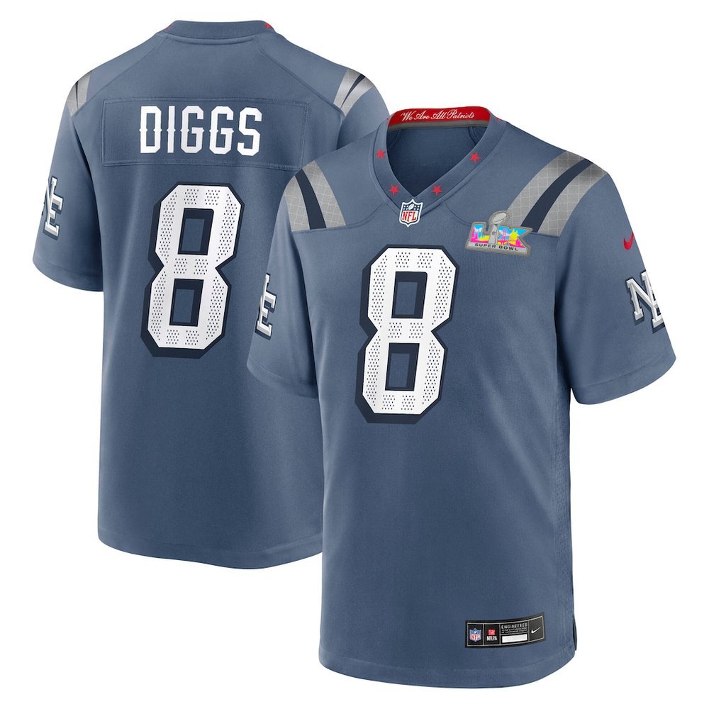 Men's New England Patriots #8 Stefon Diggs Blue Super Bowl LX Patch Rivalries Collection Game Jersey Men's New England Patriots #8 Stefon Diggs Blue Super Bowl LX Patch Rivalries Collection Game Jersey