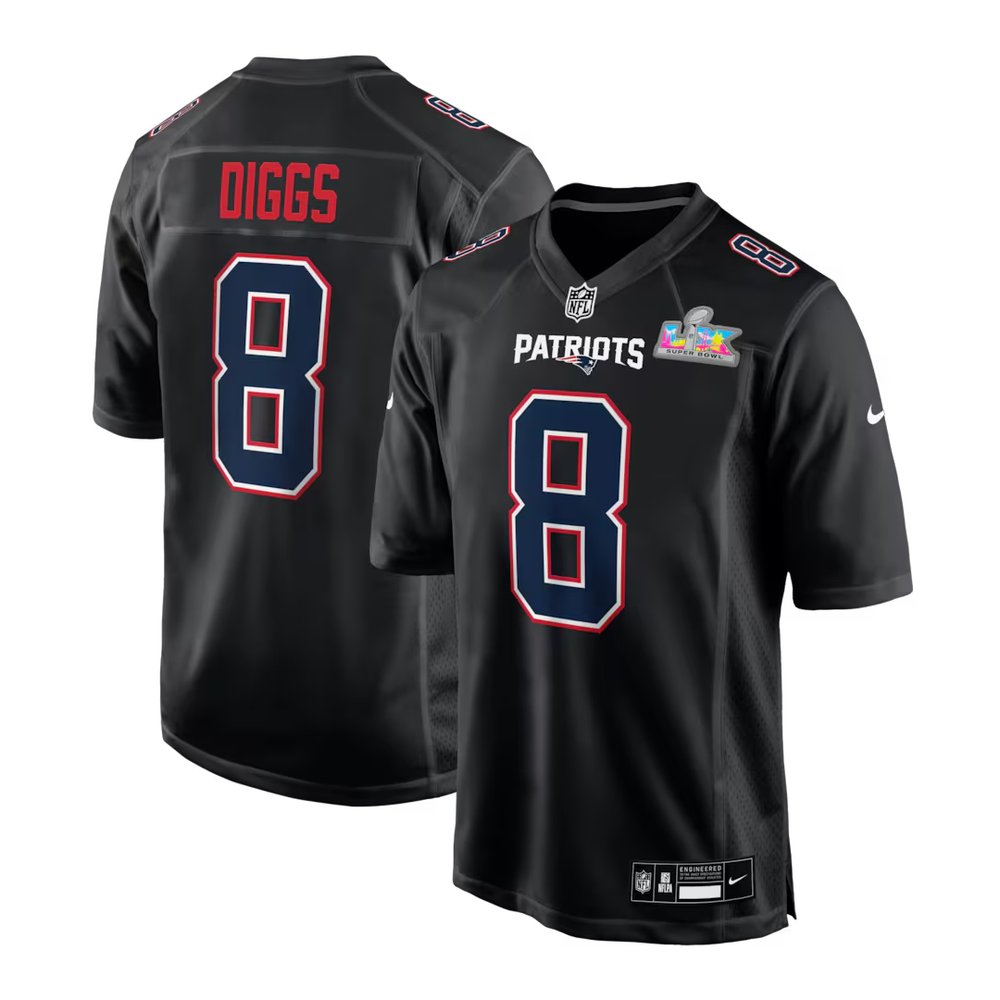 Men's New England Patriots #8 Stefon Diggs Black Super Bowl LX Patch Carbon Fashion Game Jersey Men's New England Patriots #8 Stefon Diggs Black Super Bowl LX Patch Carbon Fashion Game Jersey