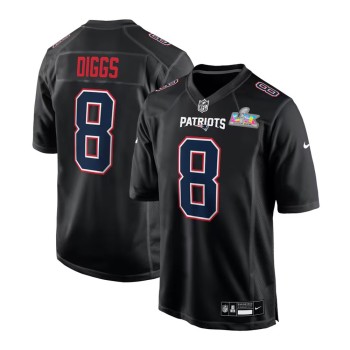 Men's New England Patriots #8 Stefon Diggs Black Super Bowl LX Patch Carbon Fashion Game Jersey