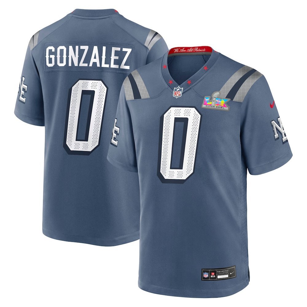 Men's New England Patriots #0 Christian Gonzalez Blue Super Bowl LX Patch Rivalries Collection Game Jersey