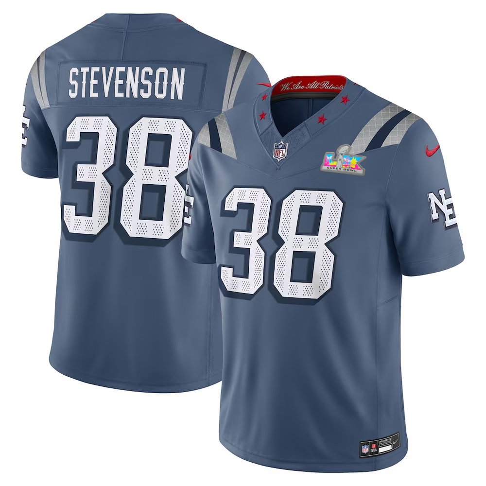 Men's New England Patriots #38 Rhamondre Stevenson Blue Super Bowl LX Patch Rivalries Collection F.U.S.E. Vapor Limited Jersey