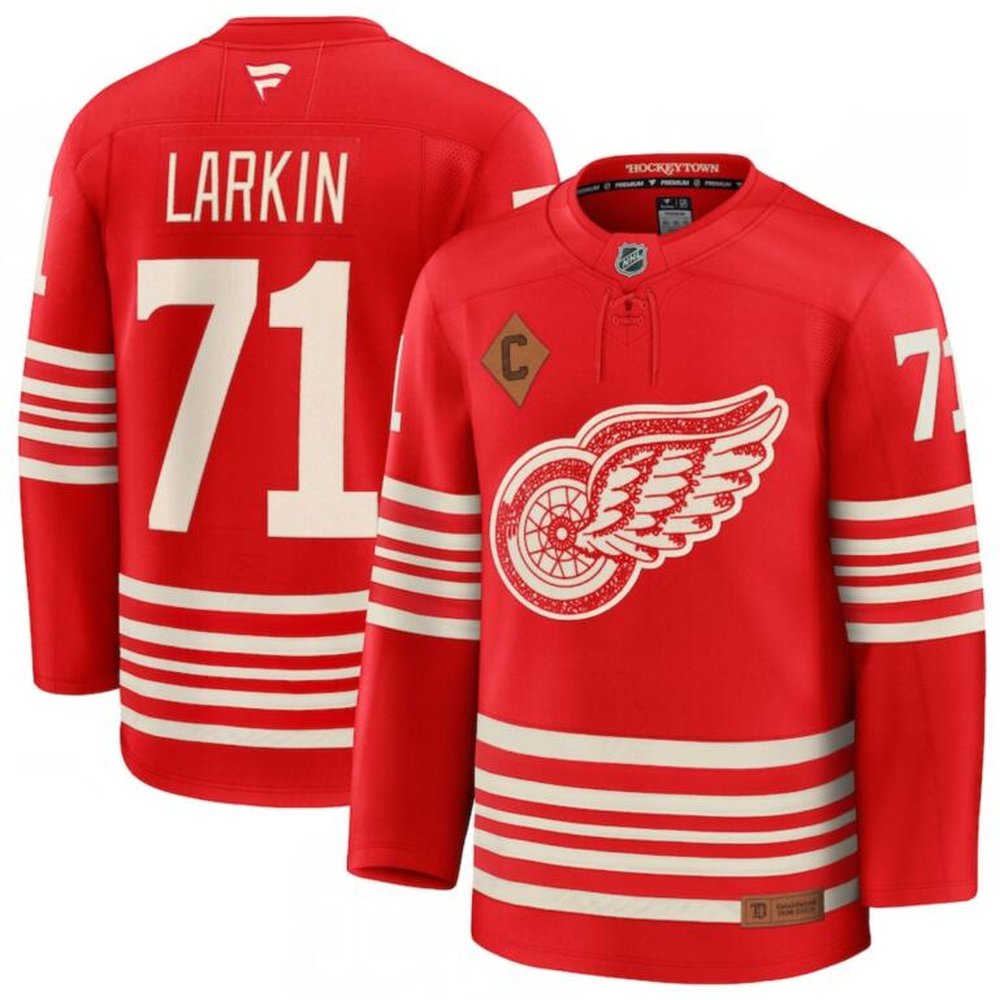 Men's Detroit Red Wings #71 Dylan Larkin Red 2025 With C Patch Centennial Premium Stitched Hockey Premium Jersey Men's Detroit Red Wings #71 Dylan Larkin Red 2025 With C Patch Centennial Premium Stitched Hockey Premium Jersey