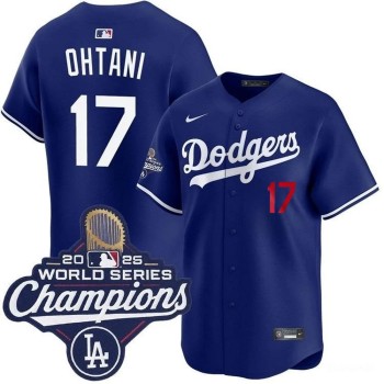 Men's Los Angeles Dodgers #17 Shohei Ohtani Royal 2025 World Series Champions Home Limited Jersey
