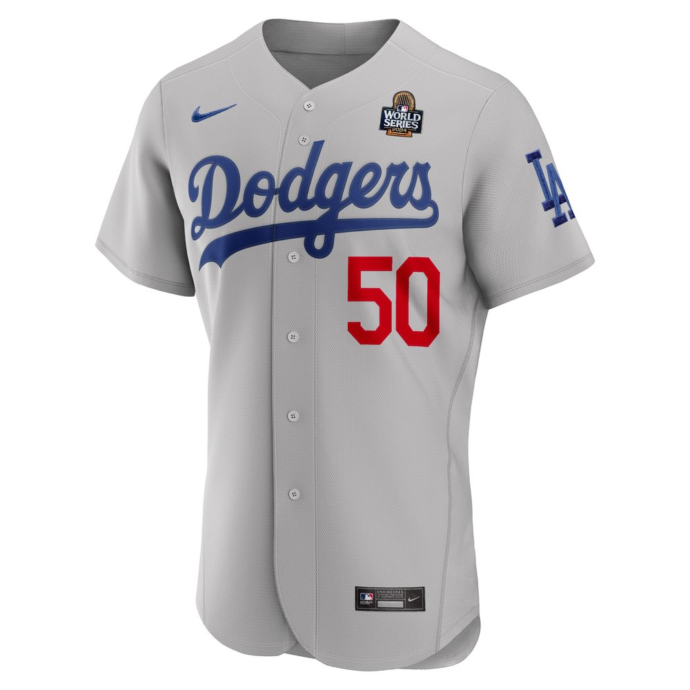 Men's Los Angeles Dodgers #50 Mookie Betts Gray 2024 World Series Alternate Authentic Player Jersey Men's Los Angeles Dodgers #50 Mookie Betts Gray 2024 World Series Alternate Authentic Player Jersey