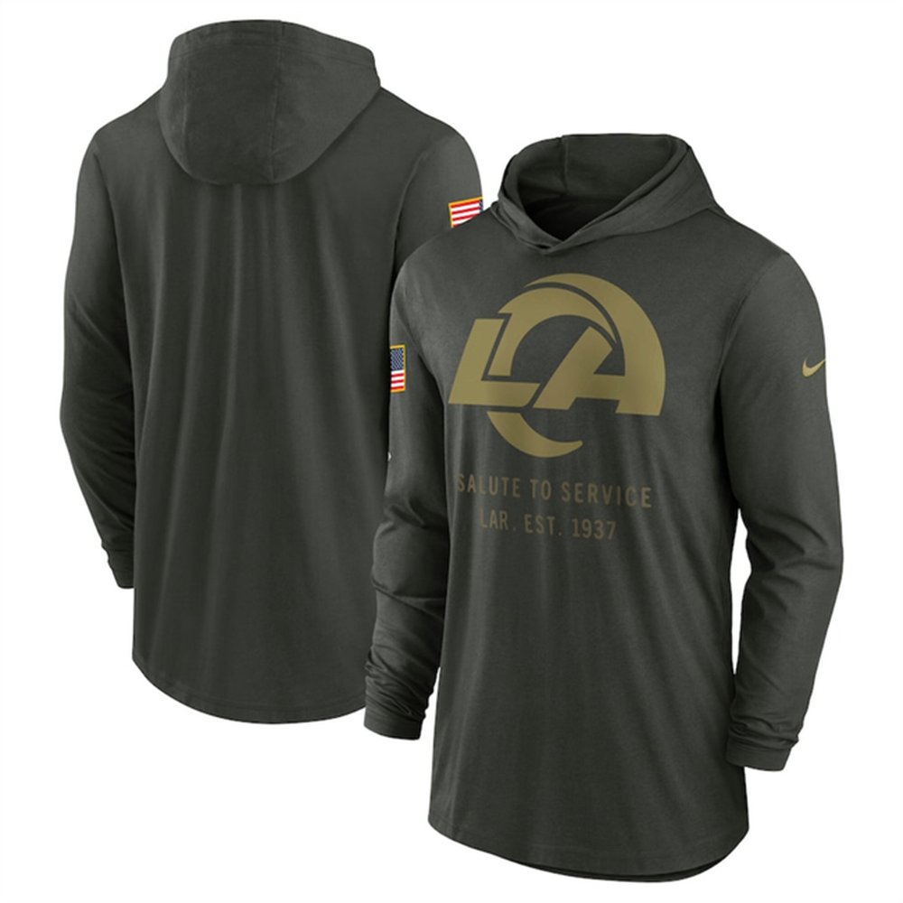 Men's Los Angeles Rams Forest Green 2025 Salute to Service Sideline Dri-FIT Lightweight Pullover Hoodie Men's Los Angeles Rams Forest Green 2025 Salute to Service Sideline Dri-FIT Lightweight Pullover Hoodie