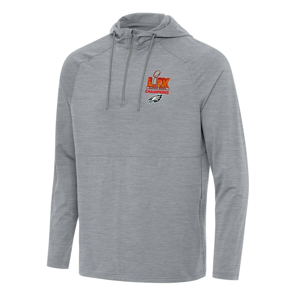 Men's Philadelphia Eagles Antigua Heather Gray Super Bowl LIX Champions Spikes Quarter-Zip Hoodie Men's Philadelphia Eagles Antigua Heather Gray Super Bowl LIX Champions Spikes Quarter-Zip Hoodie