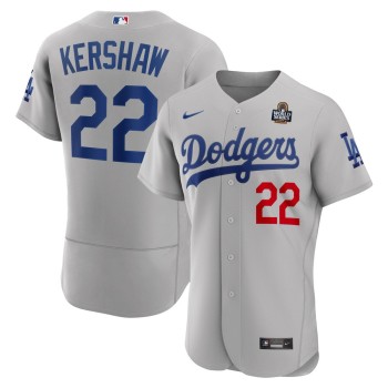 Men's Los Angeles Dodgers #22 Clayton Kershaw Gray 2024 World Series Alternate Authentic Player Jersey Men's Los Angeles Dodgers #22 Clayton Kershaw Gray 2024 World Series Alternate Authentic Player Jersey
