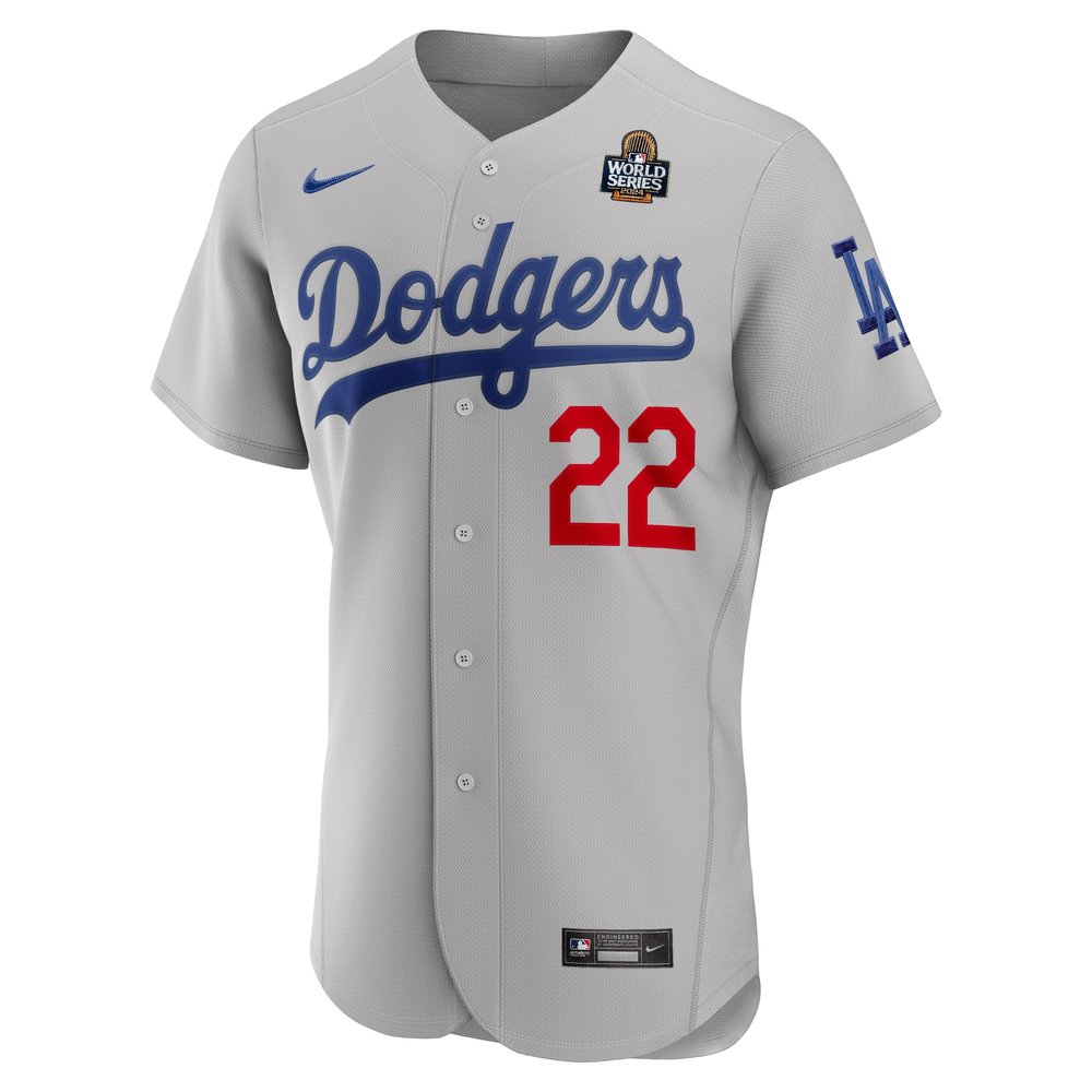 Men's Los Angeles Dodgers #22 Clayton Kershaw Gray 2024 World Series Alternate Authentic Player Jersey Men's Los Angeles Dodgers #22 Clayton Kershaw Gray 2024 World Series Alternate Authentic Player Jersey