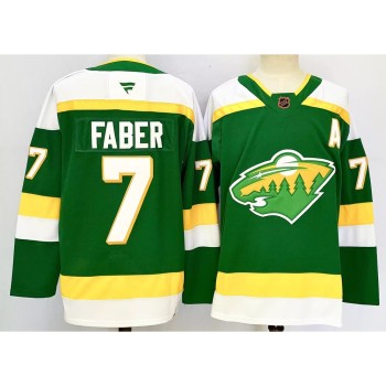 Men's Minnesota Wild #7 Brock Faber Green 2024-25 Alternate With A Patch Stitched Hockey Premium Jersey